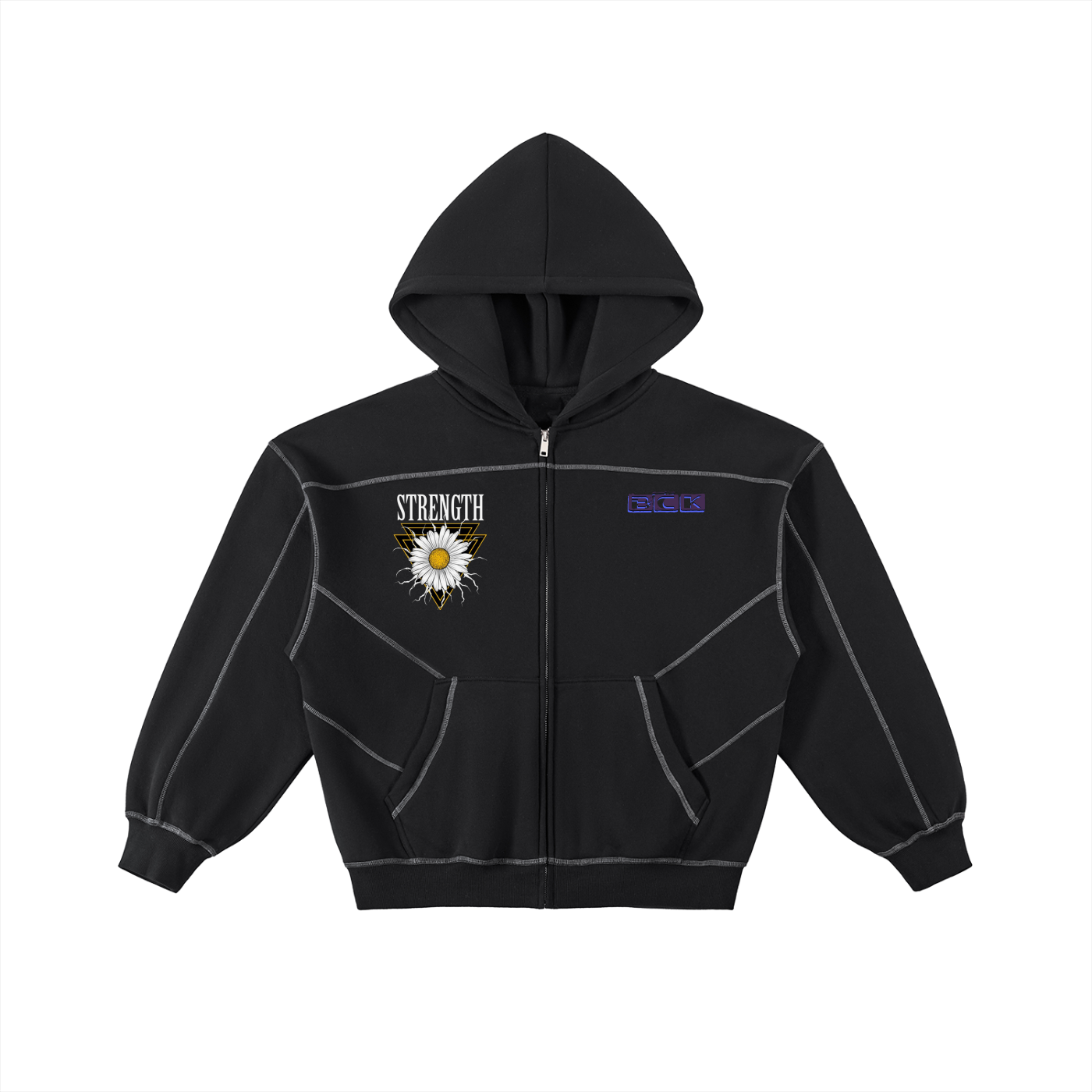 Contrast-Stitched Boxy Fleece Zip Hoodie