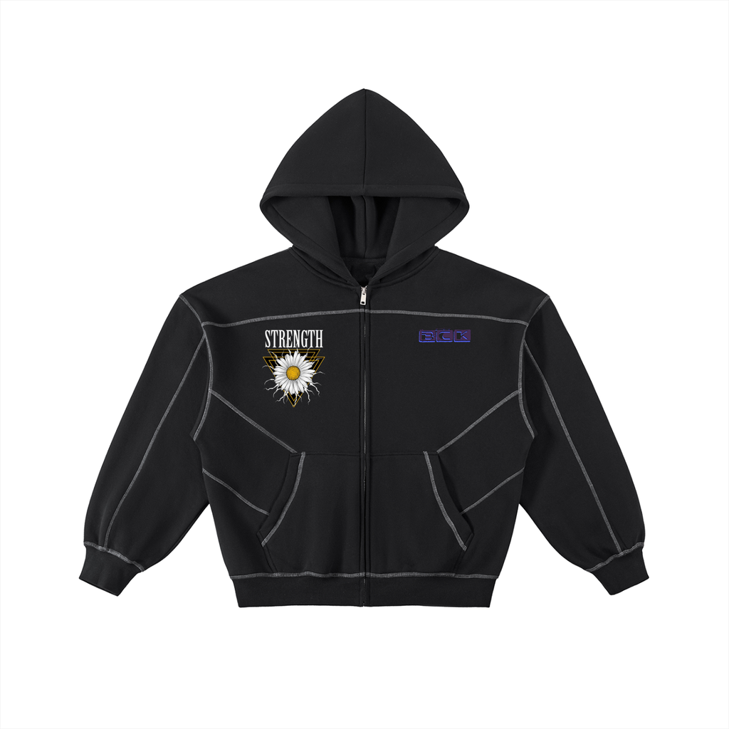 Contrast-Stitched Boxy Fleece Zip Hoodie